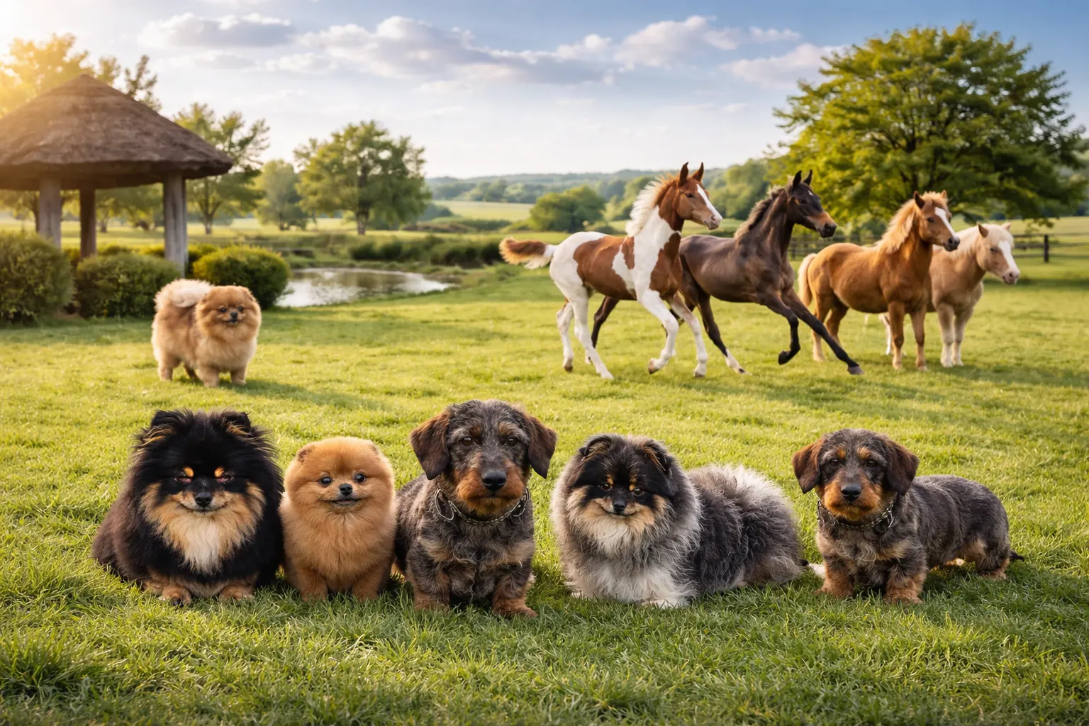 De honden en paarden van AV Stables samen in de weide