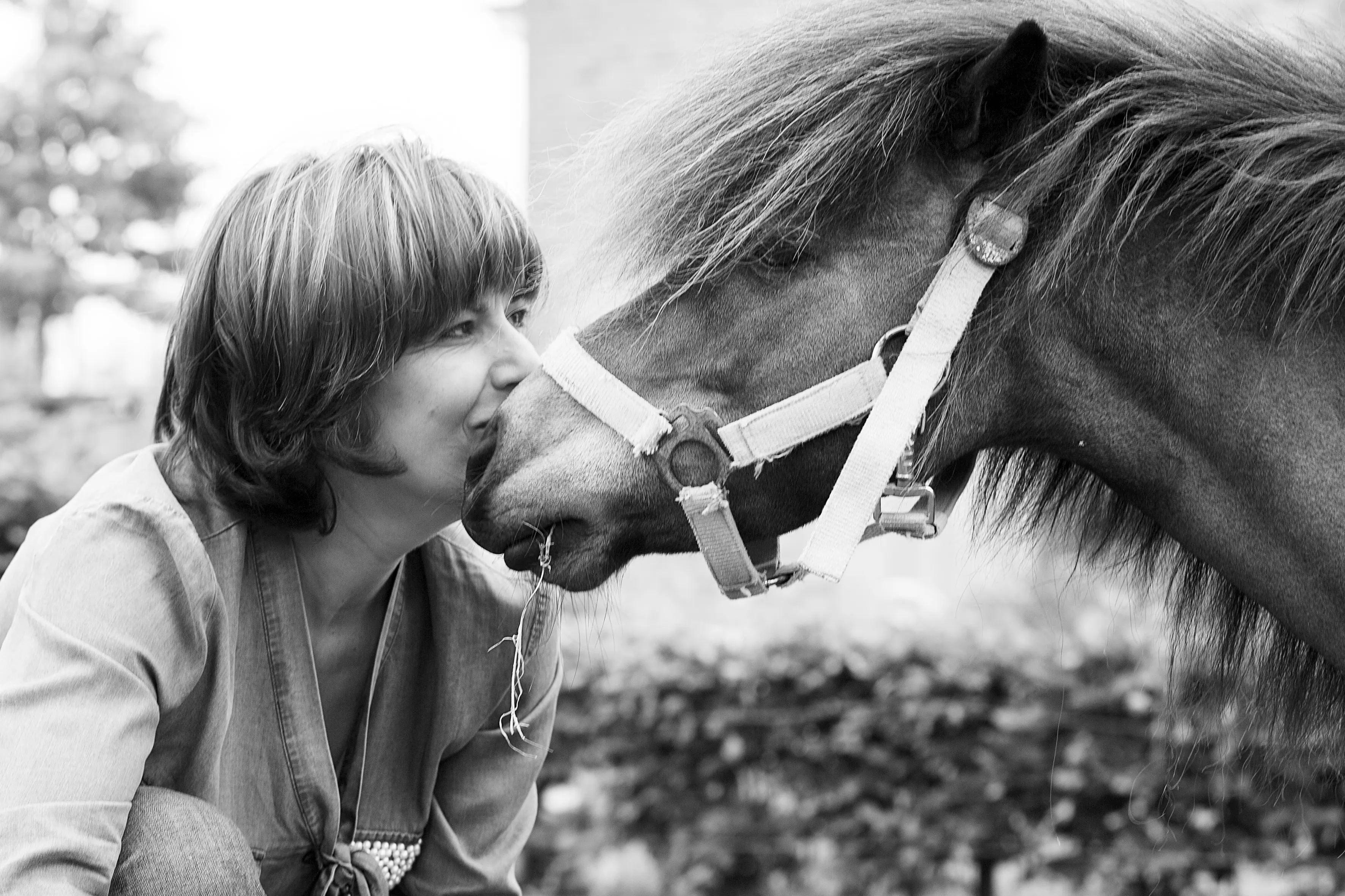 Katrien deelt een moment met een van de pony's